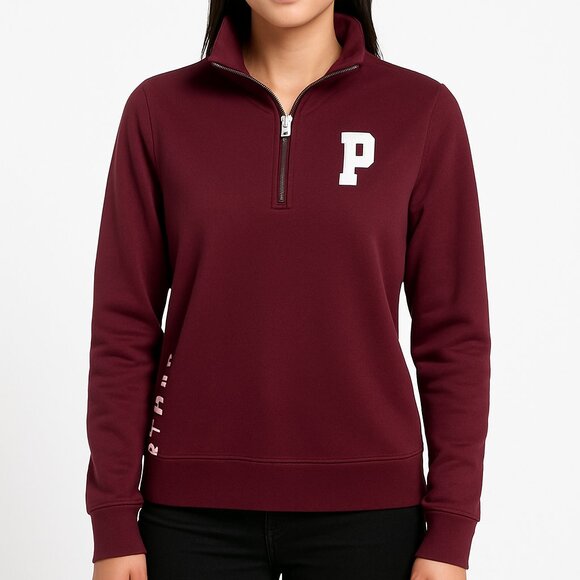PINK Victoria’s Secret Burgundy Quarter Zip Pullover Size XS Logo Sleeve Top - Picture 1 of 4